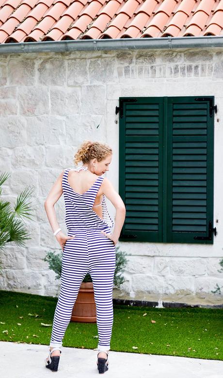 Outfit: Striped Jumpsuit with dropped armhole and Wedge Sandals