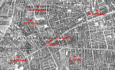 Übersichtskarte der Morde von Jack the Ripper (inkl. der beiden frühen Morde Smith und Tabram, die ihm nicht unbestritten zugeordnet werden)