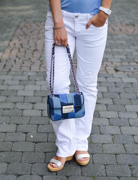 Outfit: Michael Kors Patchwork Denim Bag, White Jeans and Blue Tee