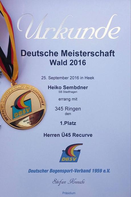 Urkunde und Medaille DM Wald 2016
