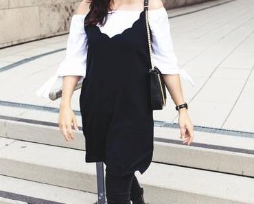 Outfit mit Slip Dress, Off-Shoulder Bluse und LLOYD Stiefeletten