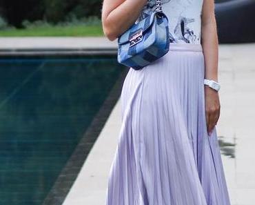 Outfit: Metallic Pleated Skirt, Marble Shirt, Silver Mules and Michael Kors