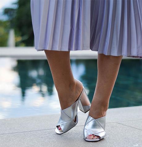 Outfit: Metallic Pleated Skirt, Marble Shirt, Silver Mules and Michael Kors