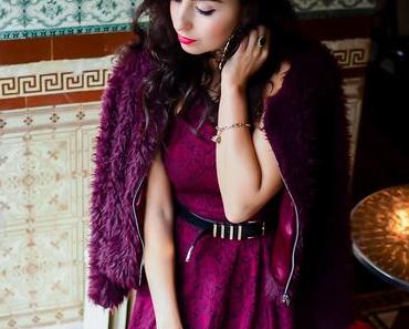 Preppy Christmas Outfit – Burgundy Skater Dress & Fauxfur Jacket