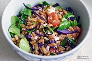 Dinkelsalat mit Rotkohl, Feta und Feldsalat