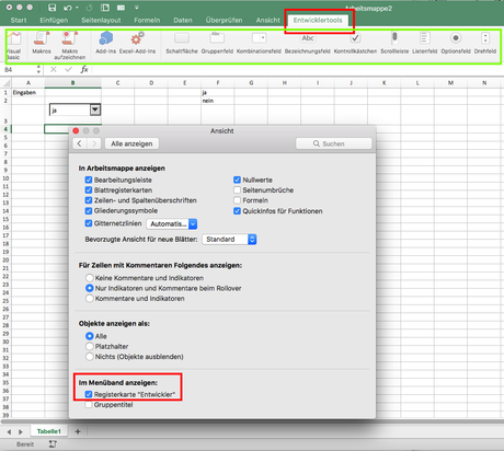 Excel 2016 Mac OS X: Wie werden die Entwicklertools angezeigt?