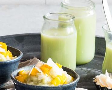 Matcha Latte Tapioka Pudding mit Kokos & Mango