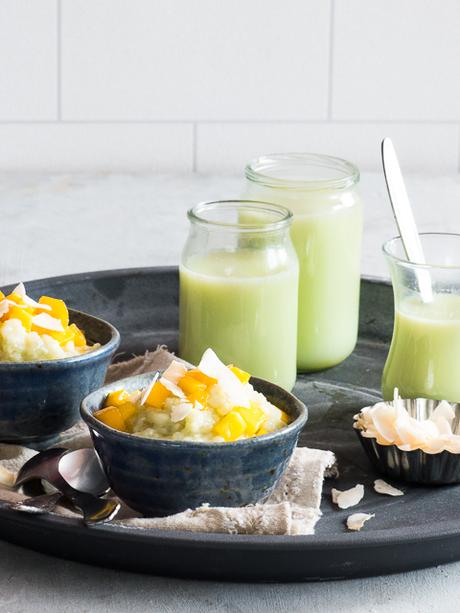 Matcha Latte Tapioka Pudding mit Kokos & Mango