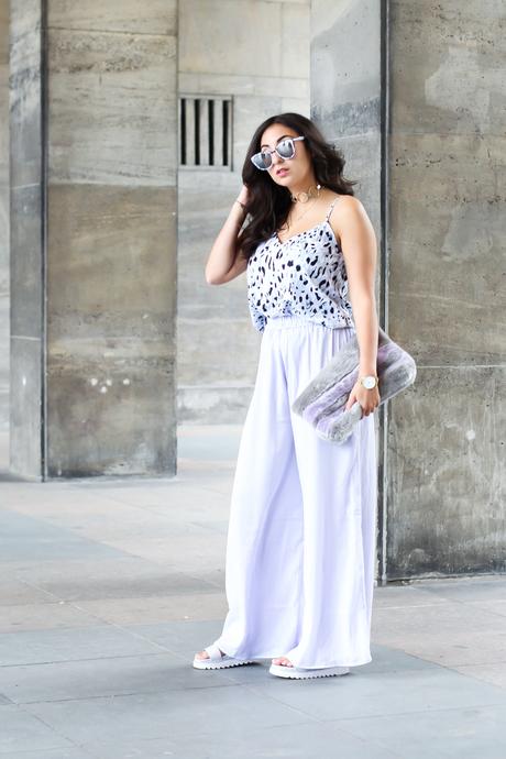 lilac palazzo pants wide troursers mango strappy top combine sandals fluffy bag topshop chic preppy summer streetstyle berlin look berlinstyle fashion blogger germany berlin samieze