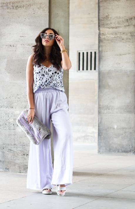 lilac palazzo pants wide troursers mango strappy top combine sandals fluffy bag topshop chic preppy summer streetstyle berlin look berlinstyle fashion blogger germany berlin samieze