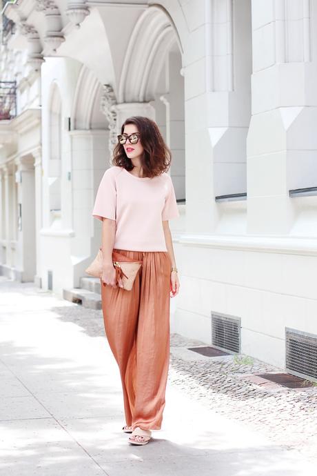 copper palazzo pants wide leg trousers straight pants soft pink zara mbym quay sunglasses trend streetstyle berlin fashion inspiration designer samieze