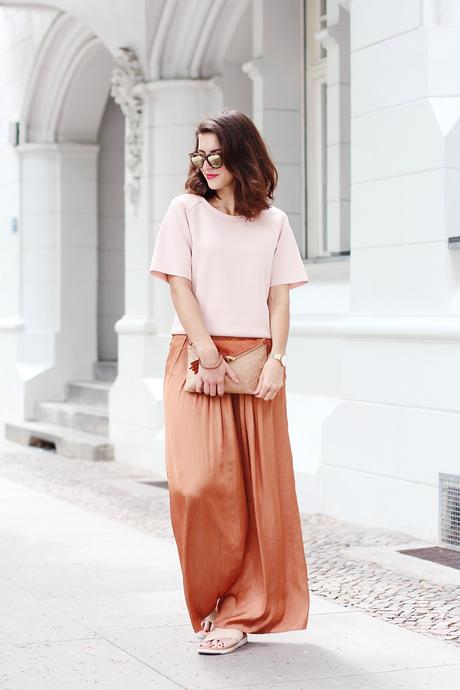 copper palazzo pants wide leg trousers straight pants soft pink zara mbym quay sunglasses trend streetstyle berlin fashion inspiration designer samieze