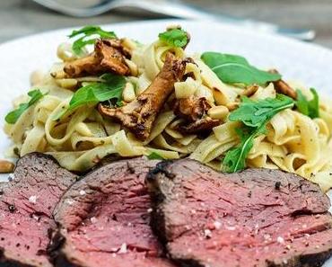 Food-Wine-Paring: Tagliata auf Tagliatelle mit Pfifferlingen und Merlot Siebenreich
