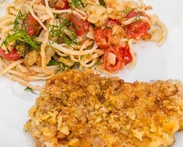 Taglierini mit Fenchel, Kirschtomaten und Kalbsschnitzel in Panko-Panade