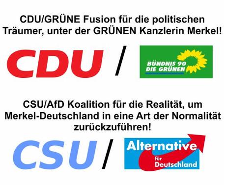 CDU/GRÜNEN Fusion für die politischen Merkel Träumer und CSU/AfD Koalition für die Normalisierung Deutschlands