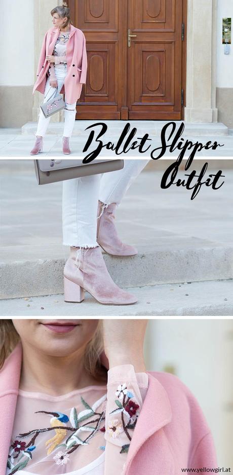 #ootd in ballet slipper Herbstmantel vom Zara, Samt Ankle Boots von New Look, besticktem Shirt und Used Jeans