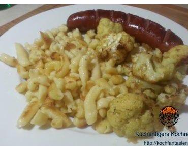 Bio Spätzle mit Wildwurst und gebratenem Blumenkohl