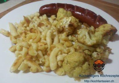 Bio Spätzle mit Wildwurst und gebratenem Blumenkohl