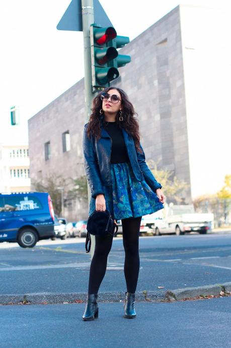 All Blue Fall Style | Skater Skirt and Biker Jacket