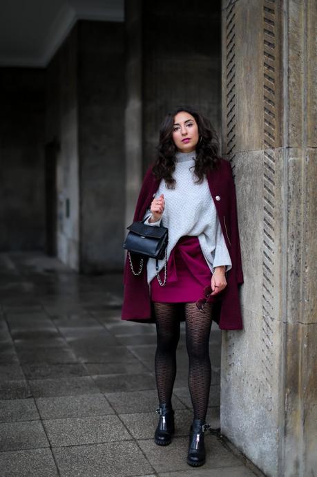 Wrap Skirt and Biker Boots | Burgundy Winter Look