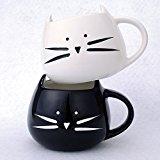 Tougo 2-Stück Schöne Tier Katze Porzellanbecher, Niedliche Keramikschale, für Kaffee / Tee / Milch / Wasser (Schwarz + Weiß)
