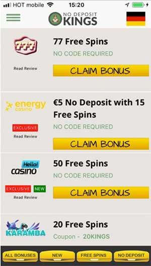 Bewertung der NoDepositKings Online-Casino Bonus App