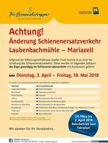 Mariazellerbahn Streckensperre Laubenbachmühle – Mariazell Schienenersatzverkehrsinfo