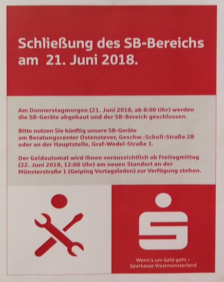 Die Sparkasse am Markt Lüdinghausen schließt am 21. Juni