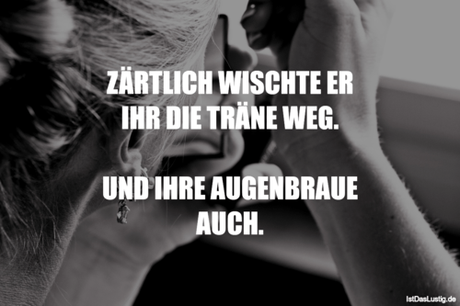 Lustiger BilderSpruch - ZÄRTLICH WISCHTE ER IHR DIE TRÄNE WEG.  UND...