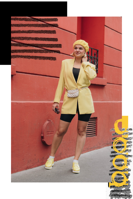 #Blazer Outfit in gelb mit Radlerhosen, Louis Vuitton Bauchtasche, Beret und Plateau Flats