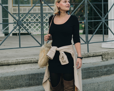 #Herbstoutfit in kleinem Schwarzem, Burberry Trenchcoat, Overknees und DIY Fake Fur Tasche