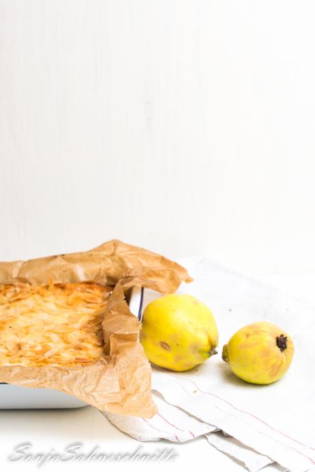 Rezept für saftigen schnellen Quittenkuchen mit Quark vom Blech-recipe for quince cheesecake with almonds