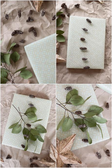 Geschenkverpackung Idee arsEdition Geschenkpapier Buchskranz eukalyptus Zapfen Dekoidee schön verpacken für Weihnachten Weihnachtsgeschenk DIY Zapfenkette