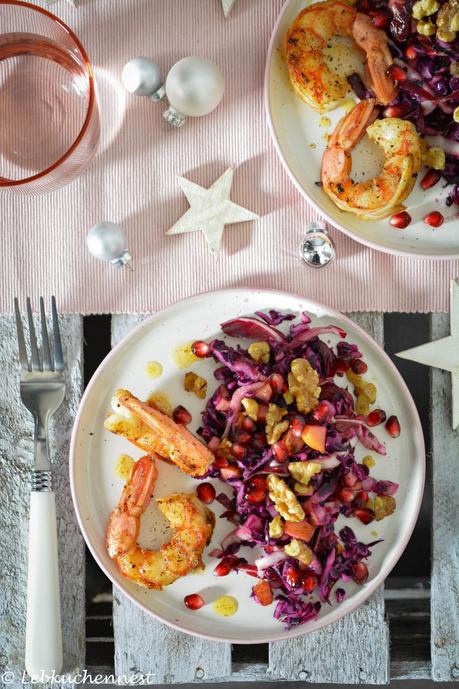 Winterkohlsalat mit gebratenen Garnelen in Vanillenussbutter – Vorspeise zum 1. Advent