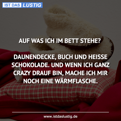 Lustiger BilderSpruch - AUF WAS ICH IM BETT STEHE?  DAUNENDECKE, BUCH...