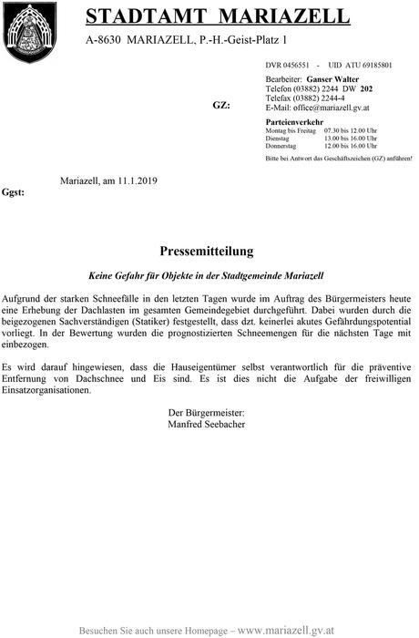 Entwarnung: Keine Gefahr für Objekte in der Stadtgemeinde Mariazell