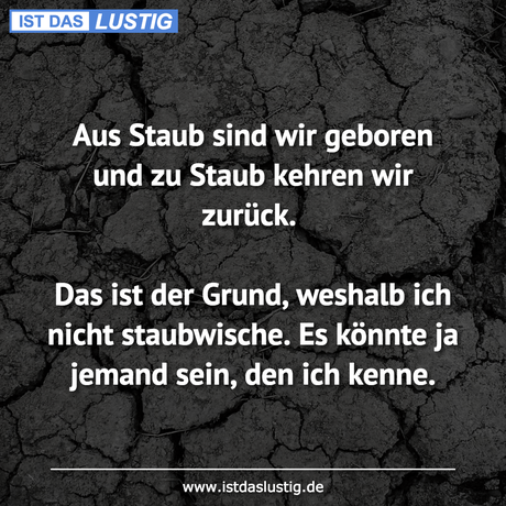 Lustiger BilderSpruch - Aus Staub sind wir geboren und zu Staub kehren...