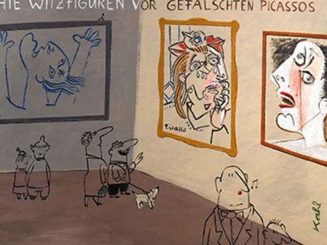 Echte Witzfiguren vor gefälschten Picassos