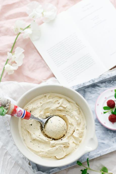 WHEN YOU LOVE SOMEONE! Cremiges Kokosblütenzucker-Joghurt-Minze-Eis mit zarten Schokostückchen und heißen Himbeeren