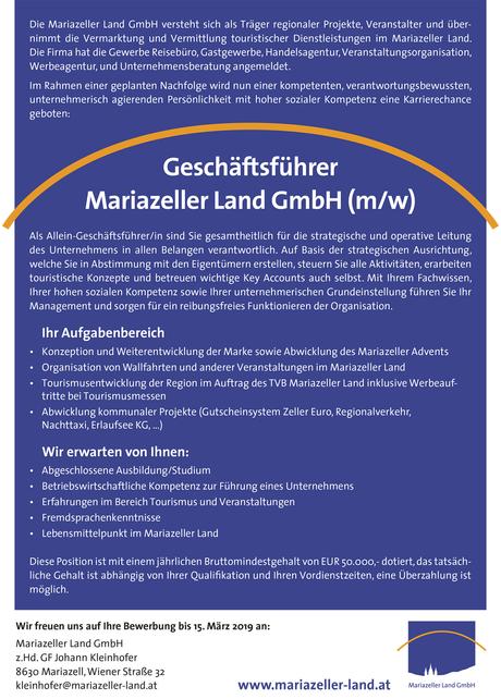Stellenausschreibung – Geschäftsführer Mariazeller Land GmbH (m/w)