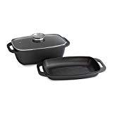 Aluguss Bräter mit integr. Aromaknopf, Alugussbräter, Schmorpfanne, Kasserolle mit Dampfloch, antihaft Teflon Beschichtung bis 240°C, spülmaschinenfest - 7 Liter mit zus. Grilldeckel