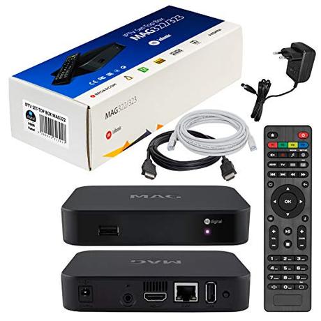MAG 322 Original Infomir & HB-DIGITAL IPTV Set TOP Box Multimedia Player Internet TV IP Receiver (HEVC H.256 Support) Nachfolger von MAG 254 + HB Digital HDMI Kabel + LAN Patch Kabel