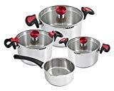 KOPF Nelo Topfset, aus Edelstahl, Kochgeschirr Induktion-Kochtopf-Set mit intelligenter Abgießhilfe, 3x Töpfe mit Glasdeckel und 1x Stielkasserolle, 7-teilig