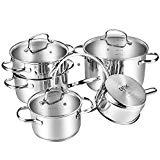 Deik Topfset, kochtopf set, 5-teilig, Töpfe induktion, Milchtopf, Stielkasserolle, Schüttrand Sicherheitsglasdeckel, Edelstahl rostfrei poliert, induktionsgeeignet