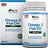 Omega 3 Fischöl 1000 mg von Nu U | 365 Kapseln (Versorgung für 12 Monate) | 100% GELD-ZURÜCK-GARANTIE | Maximale Stärke und Aufnahmefähigkeit | Hergestellt in Großbritannien