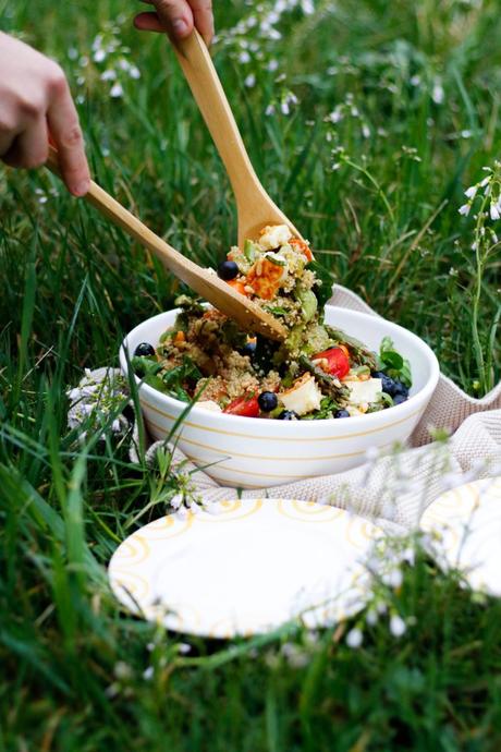 VORFREUDE AUF GENUSSVOLLE MOMENTE IM FREIEN! Bunter Quinoa-Salat mit geröstetem Frühlingsgemüse, Halloumi und Heidelbeeren