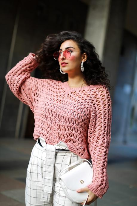 Pink Crochet Sweater and White Pants