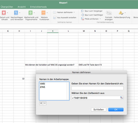 Wie können Variablen (Namen) in Excel in der Mac OS X Version angezeigt werden?