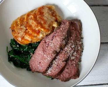 Sous-Vide Bürgermeisterstück mit dem ultimativen Süßkartoffelgratin und Spinat