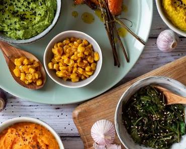 Dreierlei Hummus von Mais, Karotte und Spinat – Foodblogger Saisonkalender [Bloggernennung]